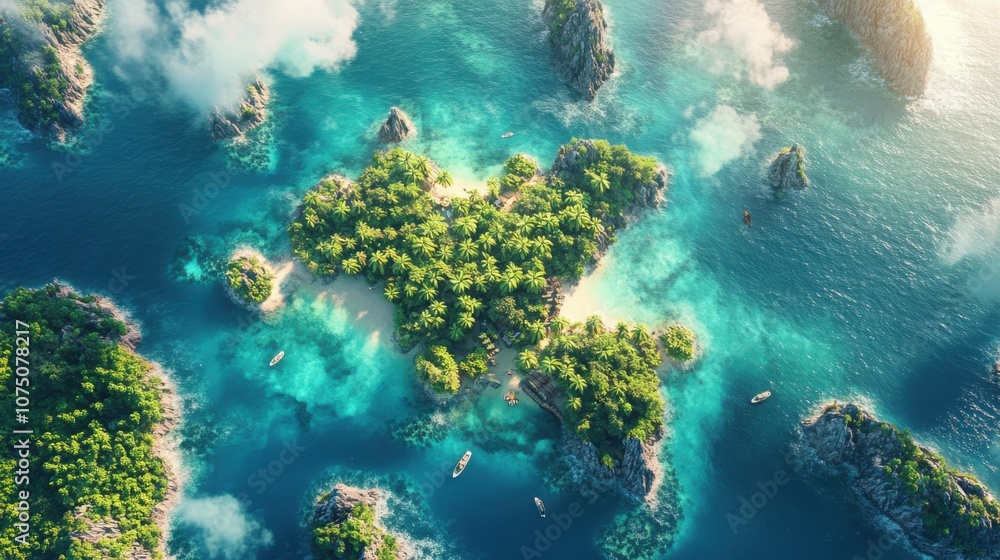 Fototapeta premium Explore the vibrant tropical island surrounded by turquoise waters and rocky islets during a sunny day in paradise