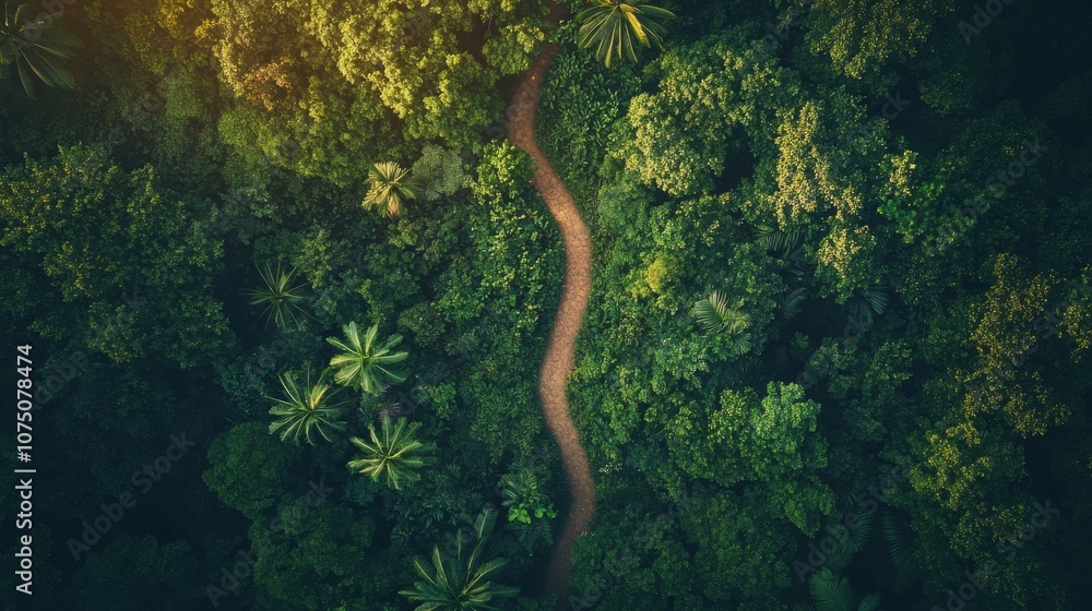 Aerial view of a winding path through a lush, green jungle landscape at golden hour in a tropical region Aerial view of a winding path through a lush, green jungle landscape at golden hour in a tropical region