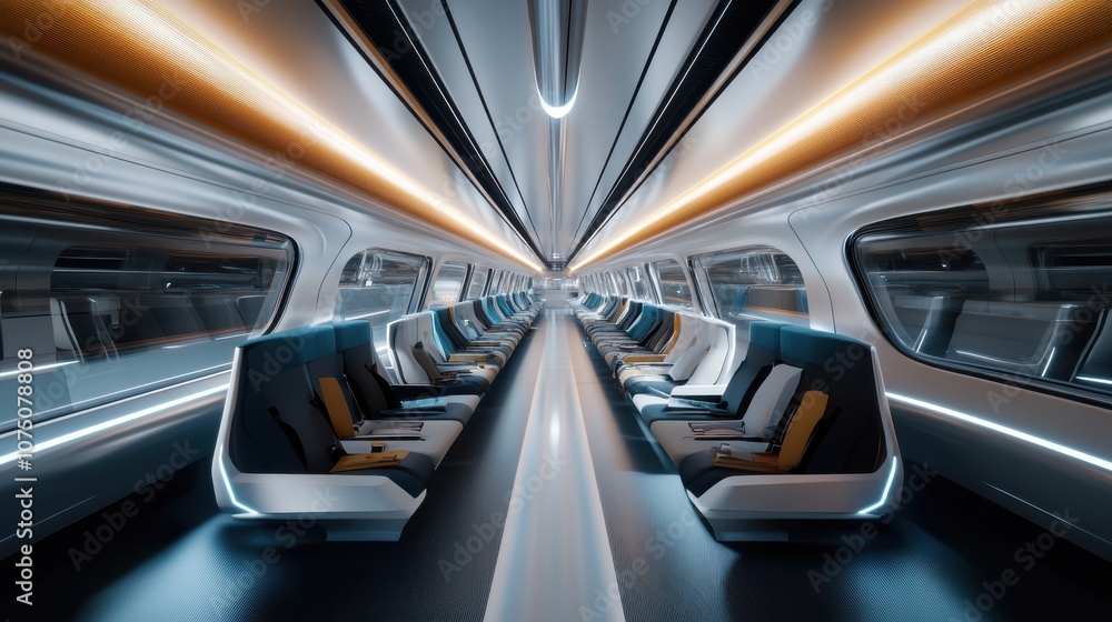 A spacious and modern train interior featuring sleek seating arrangements and vibrant lighting in a futuristic setting A spacious and modern train interior featuring sleek seating arrangements and vibrant lighting in a futuristic setting