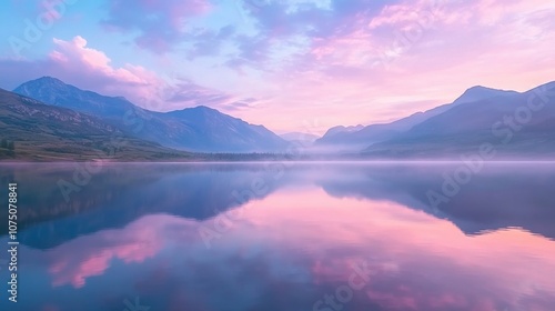 A serene lake reflecting majestic mountains under a colorful sky at dawn, inviting tranquility and natural beauty