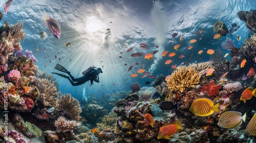 Fototapeta Naklejka Na Ścianę i Meble -  A diver explores a vibrant coral reef teeming with colorful fish under the sunlit ocean surface