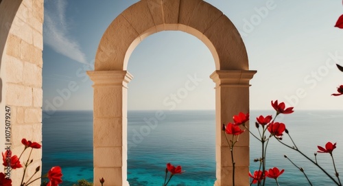 Stone Archway Framed by Red Flowers Overlooking a Blue Ocean. photo