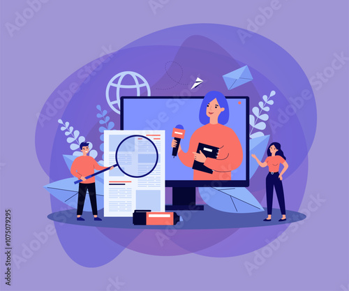 Broadcasting with journalist or newscaster reading newsletter, reporting news. People watching news on TV, reading press. Vector illustration for digital television, social media, communication concep