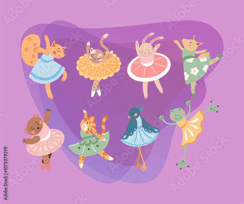 Animal cartoon characters as ballerinas vector illustrations set. Little comic bear, rabbit or bunny, squirrel in dresses or tutus dancing and bowing, Scandinavian or Nordic style. Ballet concept