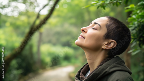 Woman breathing fresh air in a green forest 