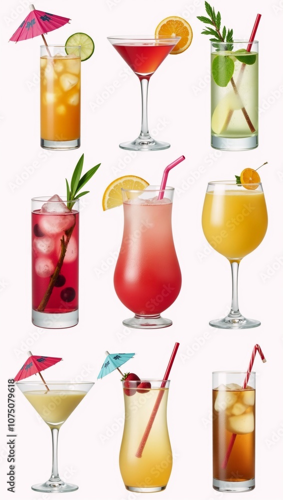 Summer drinks displayed as vector illustrations on a clean white backdrop Summer drinks displayed as vector illustrations on a clean white backdrop