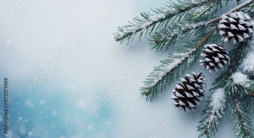 Pine Cones and Evergreen Branches with Snow on a Blue Background.