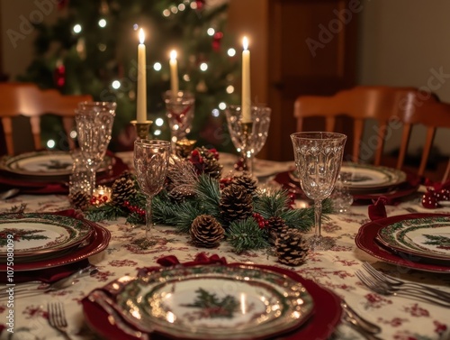 A beautifully arranged Christmas dinner table adorned with festive decorations and candlelight, welcoming family and friends to celebrate together