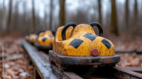 Abandoned yellow roller coaster cars rest silently on rusty tracks amidst a barren, leaf-laden landscape, invoking nostalgia.
