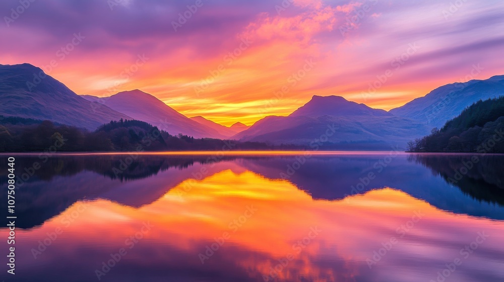 Breathtaking sunset over a tranquil mountain lake reflecting vibrant colors in the sky at dusk Breathtaking sunset over a tranquil mountain lake reflecting vibrant colors in the sky at dusk