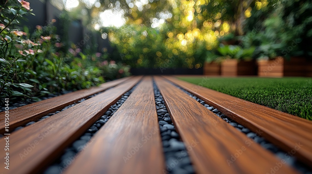 A serene garden pathway made of wooden planks, bordered by greenery and flowers. A serene garden pathway made of wooden planks, bordered by greenery and flowers.