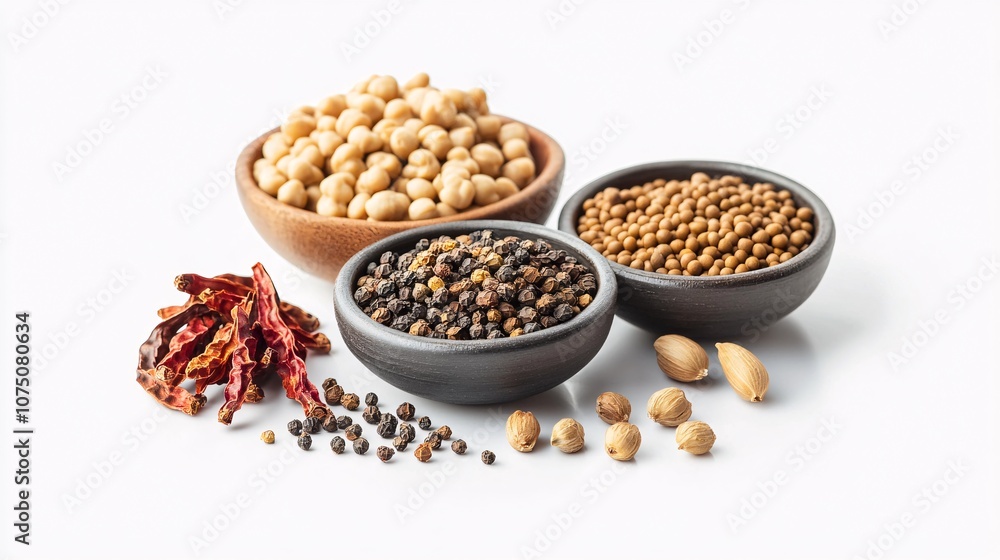 Different Spices from Asia like Pepper, Dried Coriander Seeds, Chilli and Other Dried Spice on white background Different Spices from Asia like Pepper, Dried Coriander Seeds, Chilli and Other Dried Spice on white background