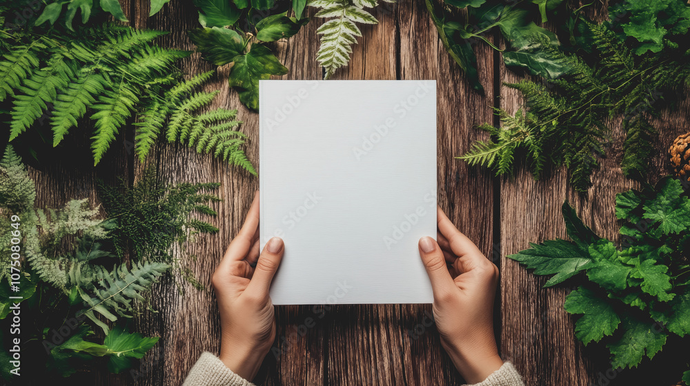 Hands Holding a Blank White Book on a Wooden Surface Surrounded by Lush Green Leaves Ideal for Mockup and Cover Designs in Natural Settings Hands Holding a Blank White Book on a Wooden Surface Surrounded by Lush Green Leaves Ideal for Mockup and Cover Designs in Natural Settings