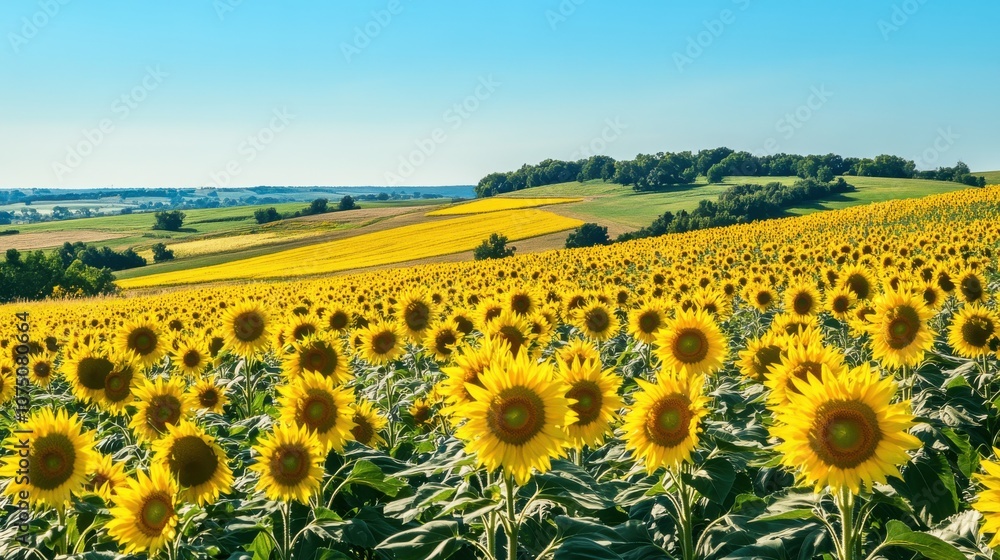Fototapeta premium A vibrant sunflower field in full bloom under a clear blue sky, showcasing nature’s beauty during the summer season