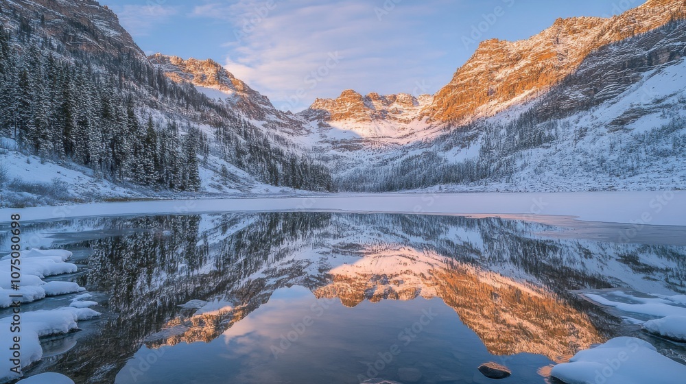 Fototapeta premium Serene morning light illuminates snowy peaks reflecting on a tranquil lake in winter