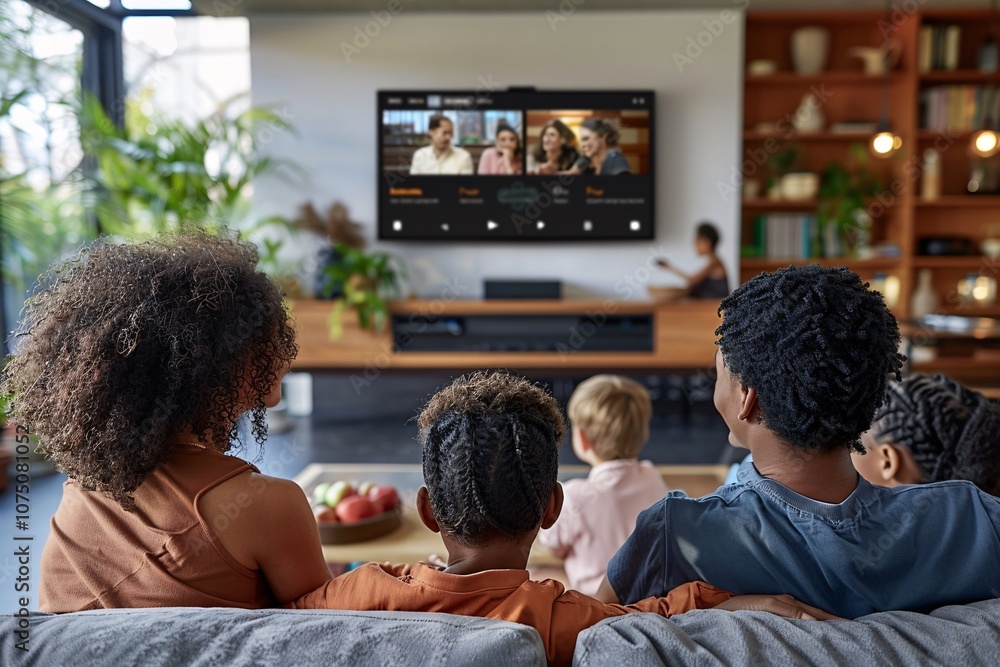 A family gathers on the couch in a stylish living room to watch a film together, surrounded by vibrant plants and warm decor. Laughter and joy fill the space during movie night A family gathers on the couch in a stylish living room to watch a film together, surrounded by vibrant plants and warm decor. Laughter and joy fill the space during movie night