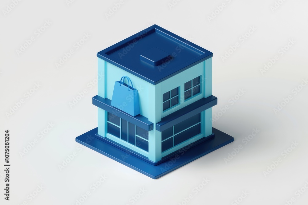 A 3D rendering of a blue and light blue storefront with a shopping bag hanging above the entrance. A 3D rendering of a blue and light blue storefront with a shopping bag hanging above the entrance.