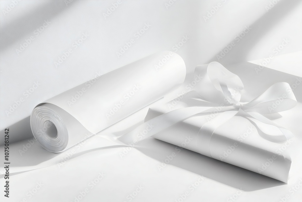 White gift box with a ribbon next to a roll of white wrapping paper, creating a minimalist and refined presentation under soft lighting, perfect for elegant gift-giving White gift box with a ribbon next to a roll of white wrapping paper, creating a minimalist and refined presentation under soft lighting, perfect for elegant gift-giving