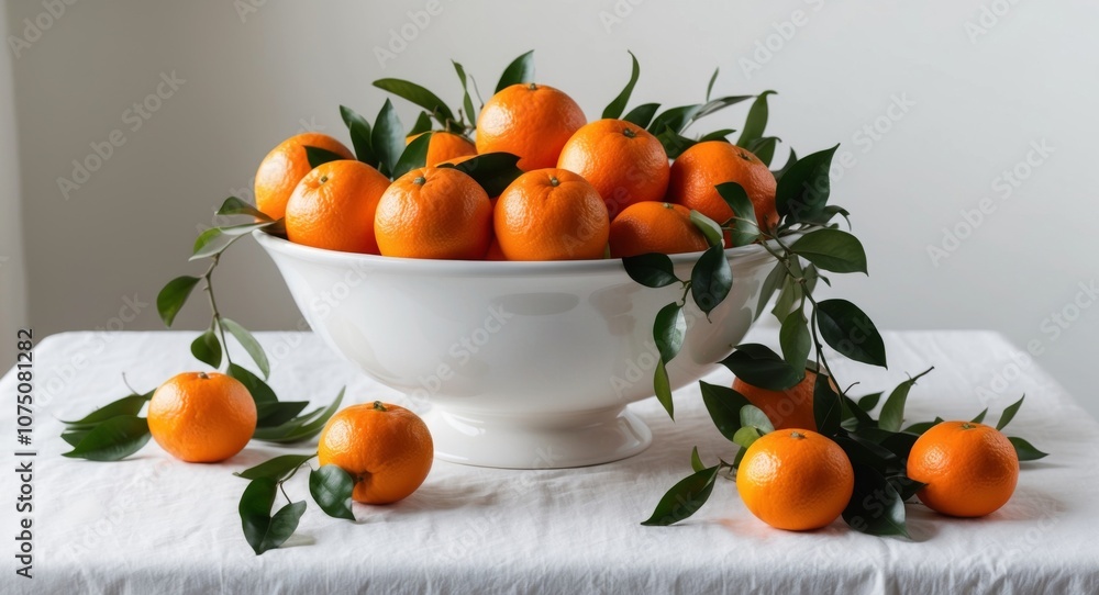A bowl of fresh oranges and leaves brightens the table. A bowl of fresh oranges and leaves brightens the table.