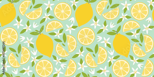 Fruit seamless pattern with lemon and flowers in flat design. Simple vector illustration.