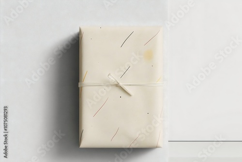 Gift box wrapped in minimalistic, abstract-patterned paper with delicate colored lines and tied with a thin white cord, creating a modern and understated aesthetic