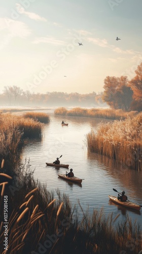 Kayakers paddle through the serene Kankakee River amidst golden autumn foliage in the early morning light