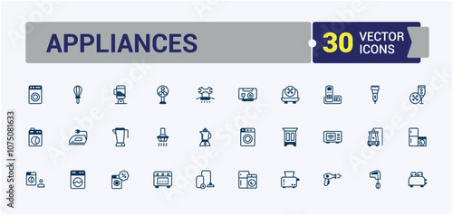 Set of Appliances line and solid icons. Includes thin line oven, cleaner, home, appliance, television and more. Collection for mobile and web apps. Editable vector stroke.