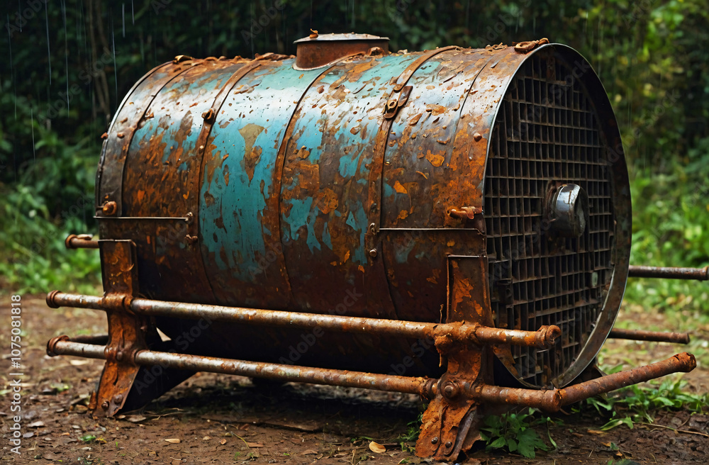 Rusty Metal Barrel Cage in Outdoor Forest Setting Rusty Metal Barrel Cage in Outdoor Forest Setting