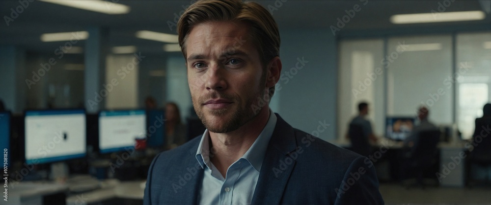 Fototapeta premium Photo of 30 years old american man on cinematic blurry office background, corporate businessman