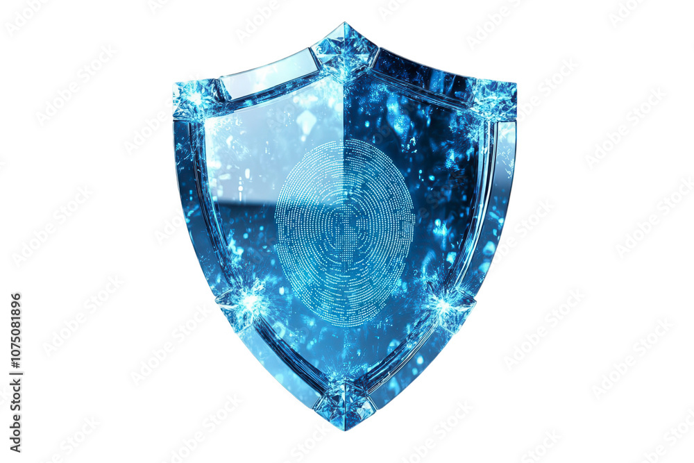 Obraz premium Futuristic shield security concept, digital fingerprint, blue glow, technology protection theme Isolated on white background or PNG