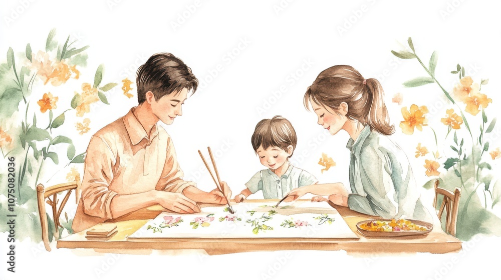 A family enjoys creative time together, painting and bonding over art.