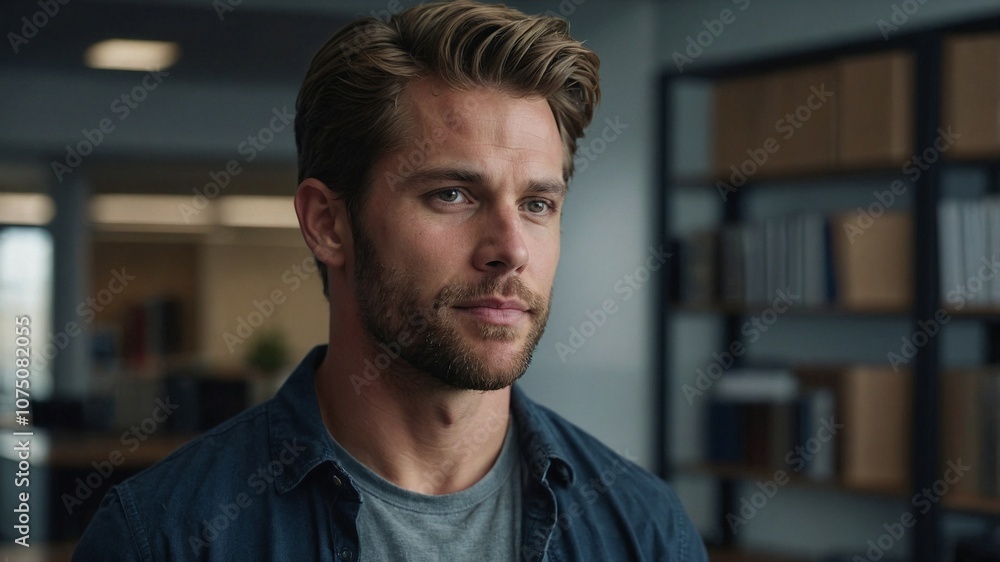 Photo of 30 years old american man on cinematic blurry office background, corporate businessman Photo of 30 years old american man on cinematic blurry office background, corporate businessman