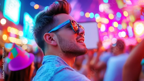 Young man enjoying vibrant nightlife at a festival, wearing stylish sunglasses, surrounded by colorful lights and happy crowd, capturing the essence of celebration and joy