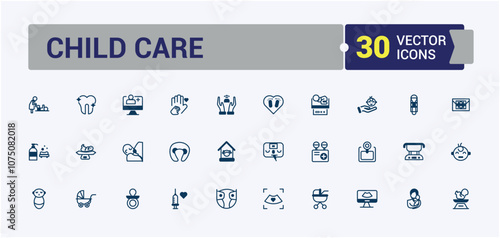Babies Care line icons set. Includes thin line safety, boy, pushchair, child chair, girl, parenting tips, spoon, baby accessories. Set of line pictogram. Vector illustration.
