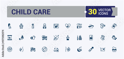 Babies Care line icons set. Includes thin line safety, boy, pushchair, child chair, girl, parenting tips, spoon, baby accessories. Set of line pictogram. Vector illustration.