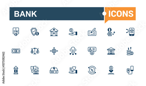 Bank thin line icon set. Featuring dollar, growth, currency, safe, finance and more. Outline icon collections. Editable vector stroke.