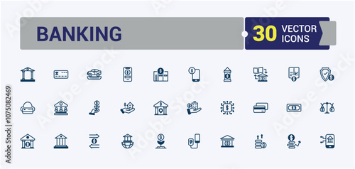 Bank icons set in line style. Contains such icons as credit, bank, business, chart, loan and more. Minimal linear icons. Vector icons editable stroke.
