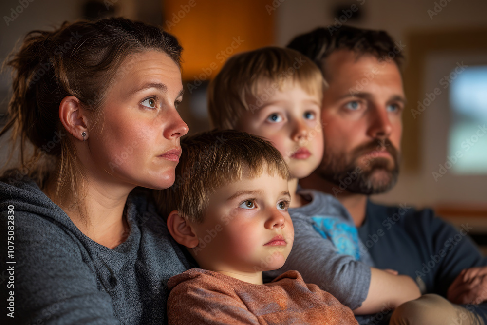 Intimate Family Moment with Parents and Children Watching Television, Engaged in Emotional Scene, Capturing Love and Connection in a Cozy Living Room Environment Intimate Family Moment with Parents and Children Watching Television, Engaged in Emotional Scene, Capturing Love and Connection in a Cozy Living Room Environment