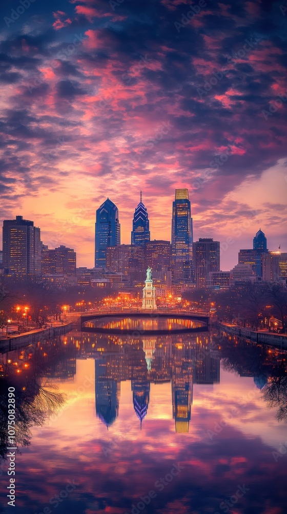 Stunning Philadelphia skyline at sunset reflecting on the water with vibrant clouds and city lights illuminating the historic architecture Stunning Philadelphia skyline at sunset reflecting on the water with vibrant clouds and city lights illuminating the historic architecture