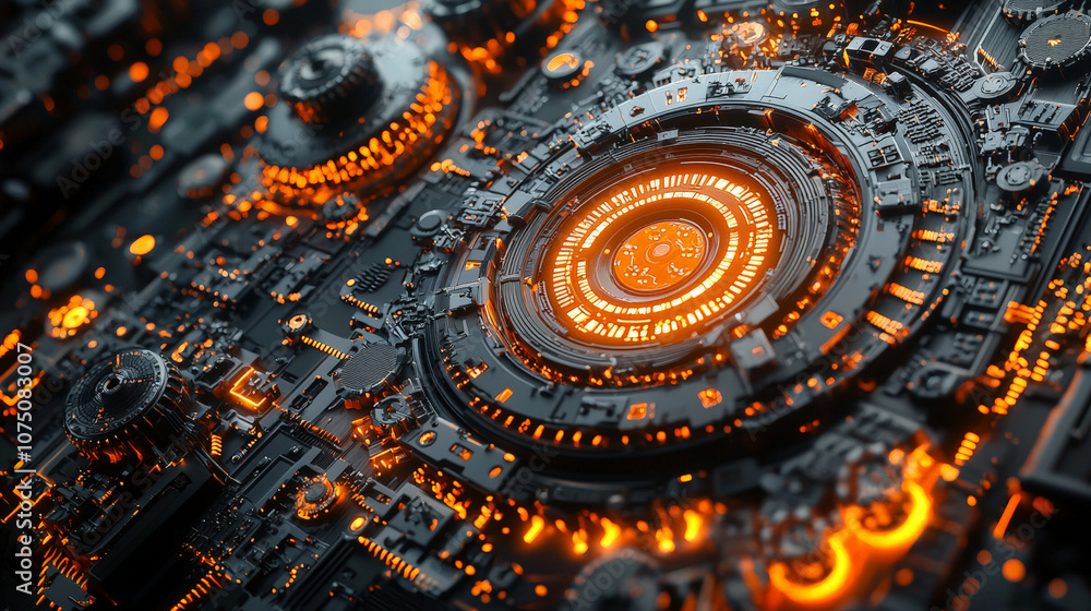 A hyper-detailed 3D rendering of a technical abstract background in vibrant orange and deep black. Generative AI A hyper-detailed 3D rendering of a technical abstract background in vibrant orange and deep black. Generative AI