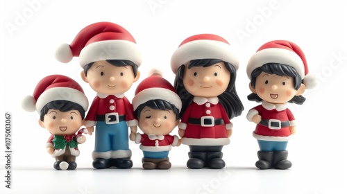A Christmas family portrait figurine with parents and children wearing Santa hats, isolated on white background