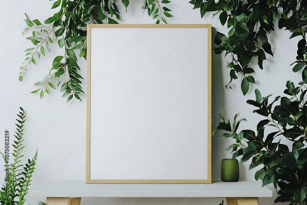 A blank frame on a table surrounded by greenery, ideal for displaying artwork or photos. A blank frame on a table surrounded by greenery, ideal for displaying artwork or photos.