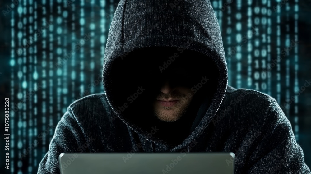 Hooded person focused on laptop, a glimpse into digital work, technology, and online engagement in the modern era Hooded person focused on laptop, a glimpse into digital work, technology, and online engagement in the modern era