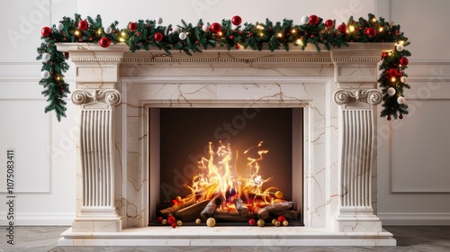 A Christmas fireplace with a roaring fire, decorated with garlands and lights, isolated on white