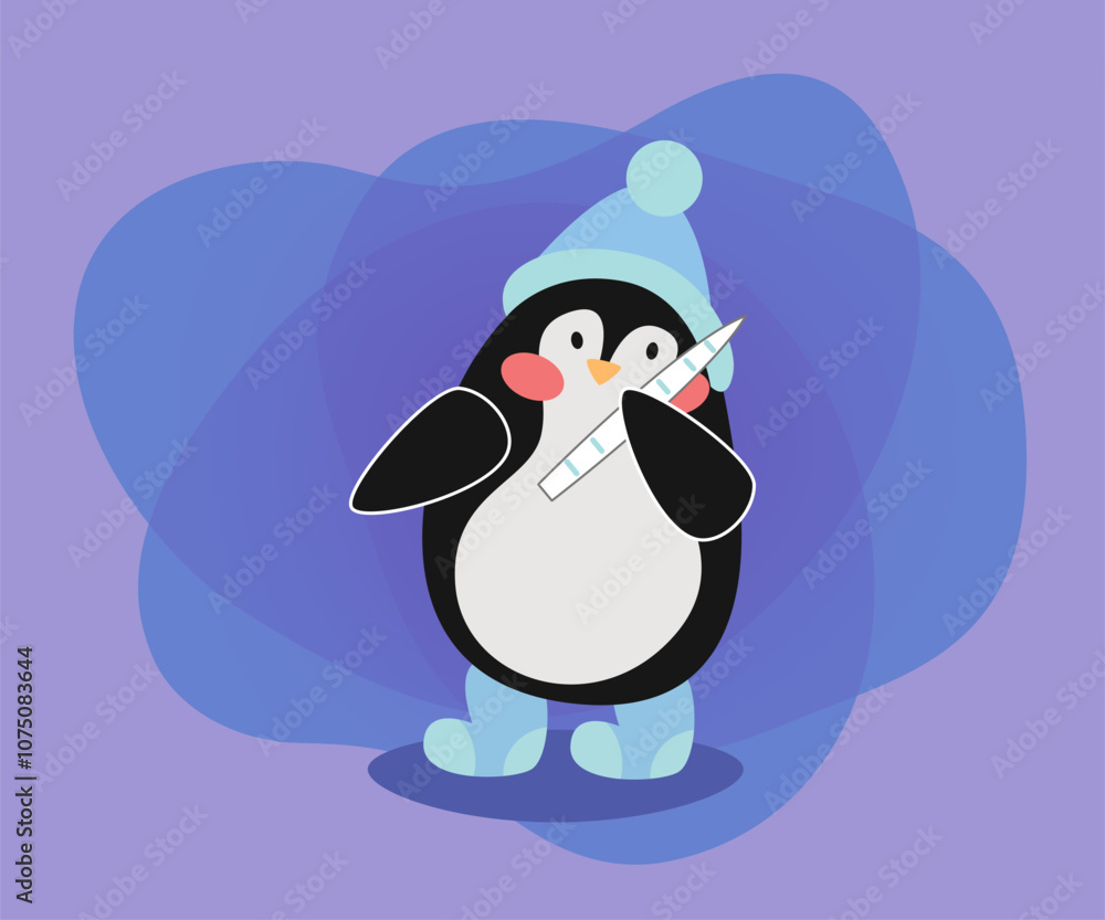Obraz premium Cute penguin in warm clothes vector illustration. Funny comic cartoon character in hat, celebration of winter holidays: Christmas, New Year. Winter activities concept