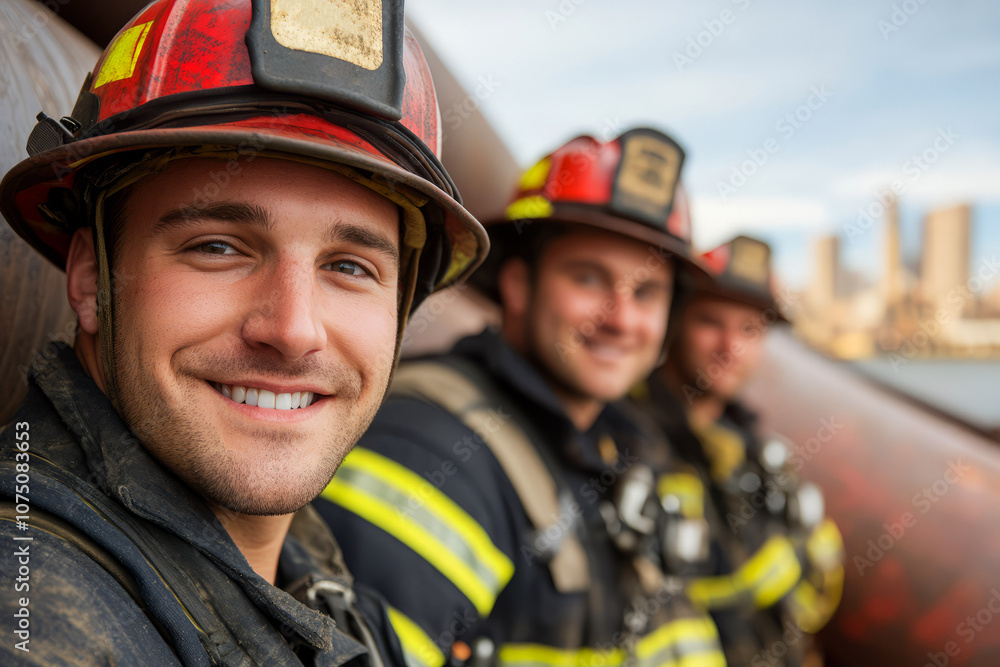 Smiling Firefighter in Uniform with Colleagues Near Urban Skyline, Embodying Teamwork and Courage Against Backdrop of Cityscape and Emergency Preparedness Smiling Firefighter in Uniform with Colleagues Near Urban Skyline, Embodying Teamwork and Courage Against Backdrop of Cityscape and Emergency Preparedness