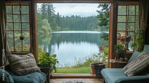 Cabin Window View of a Serene Lake Surrounded by Lush Trees
