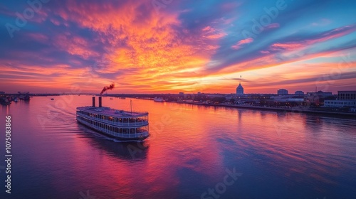 Fototapeta Naklejka Na Ścianę i Meble -  A breathtaking sunset over the Mississippi River with a steamboat gliding through the colorful sky