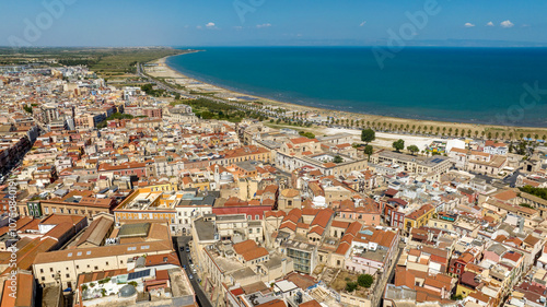 Aerial view of the beach on the coast of Barletta, Puglia, Italy.