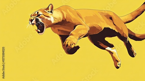 A Ferocious Cougar Leaping Against a Yellow Background photo